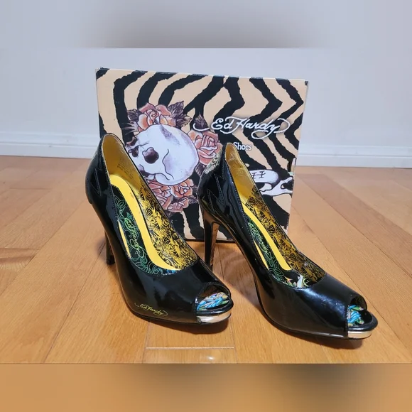 Ed Hardy "Stacey" Black High Heel Peep Toe Shoes - Picture 3 of 12